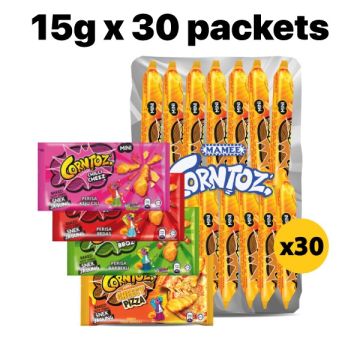 Corntoz Mini Corn Snack 15g x 30 Packets | BBQ, Chilli Cheese, Hot & Spicy, Pizza | Halal Snack Box