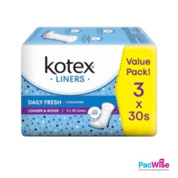 Kotex Fresh Liners Longer & Wider Unscented Value Pack 3×30s | Daily Pantyliners