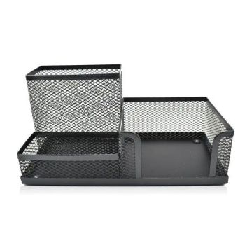 Metal Mesh Pen Holder 3 Compartments Black