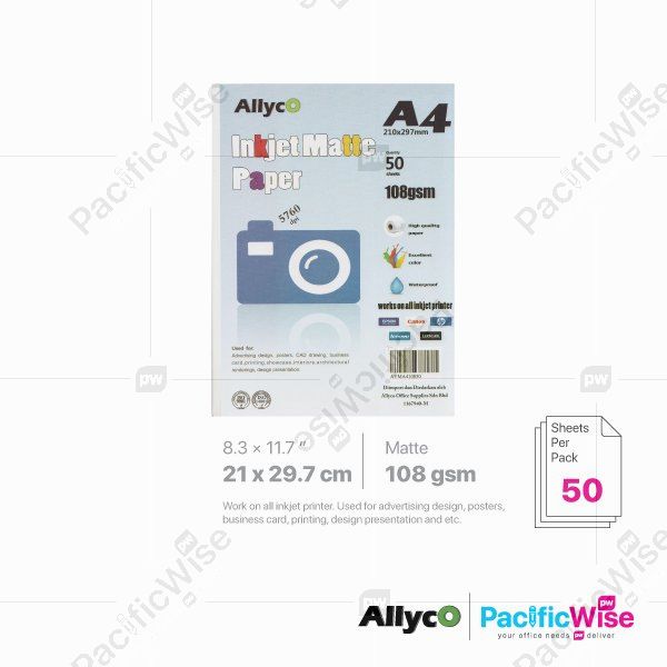 Allyco/A4/Inkjet Paper Matte/Matte Kertas Inkjet 108gsm/Photograph (50'S)