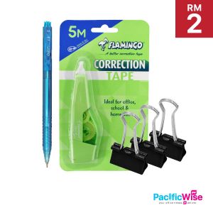 Semi Gel Pen + Correction Tape + Double Clip{RM2-Package 1}/Hata/Flamingo/Writing Pen/i-5/0.5mm/Blue/Pita Pembetulan/FLAM-411/5mm x 5m/Binder Clip/19mm (3 Pcs)