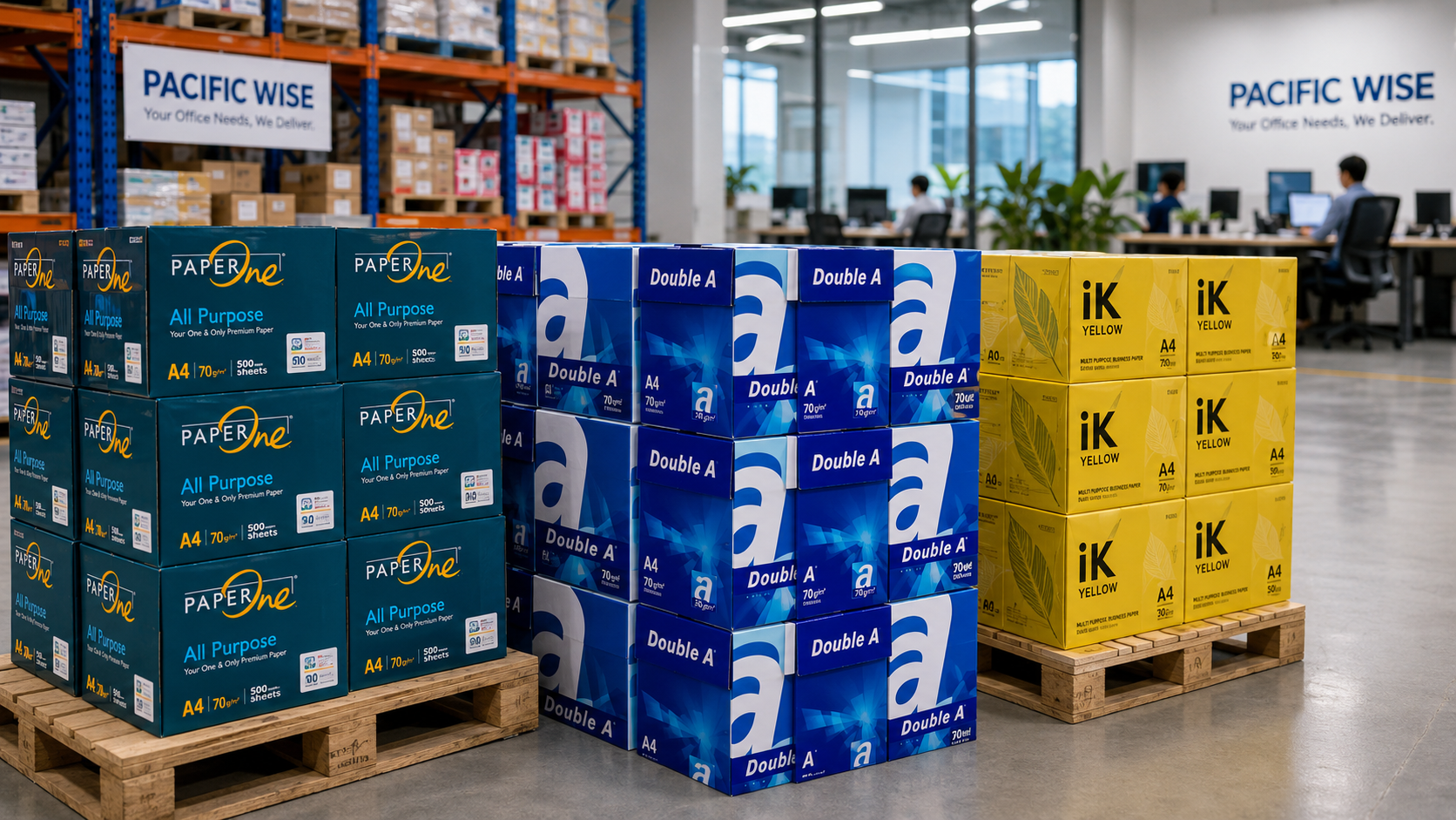 Bulk A4 paper supplier Malaysia with PaperOne Double A and IK Yellow cartons for B2B offices