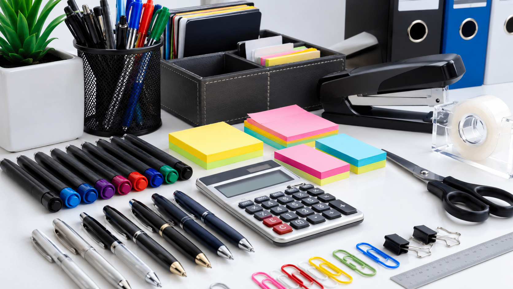 Office stationery supplier Malaysia with pens calculators sticky notes staplers and desk essentials