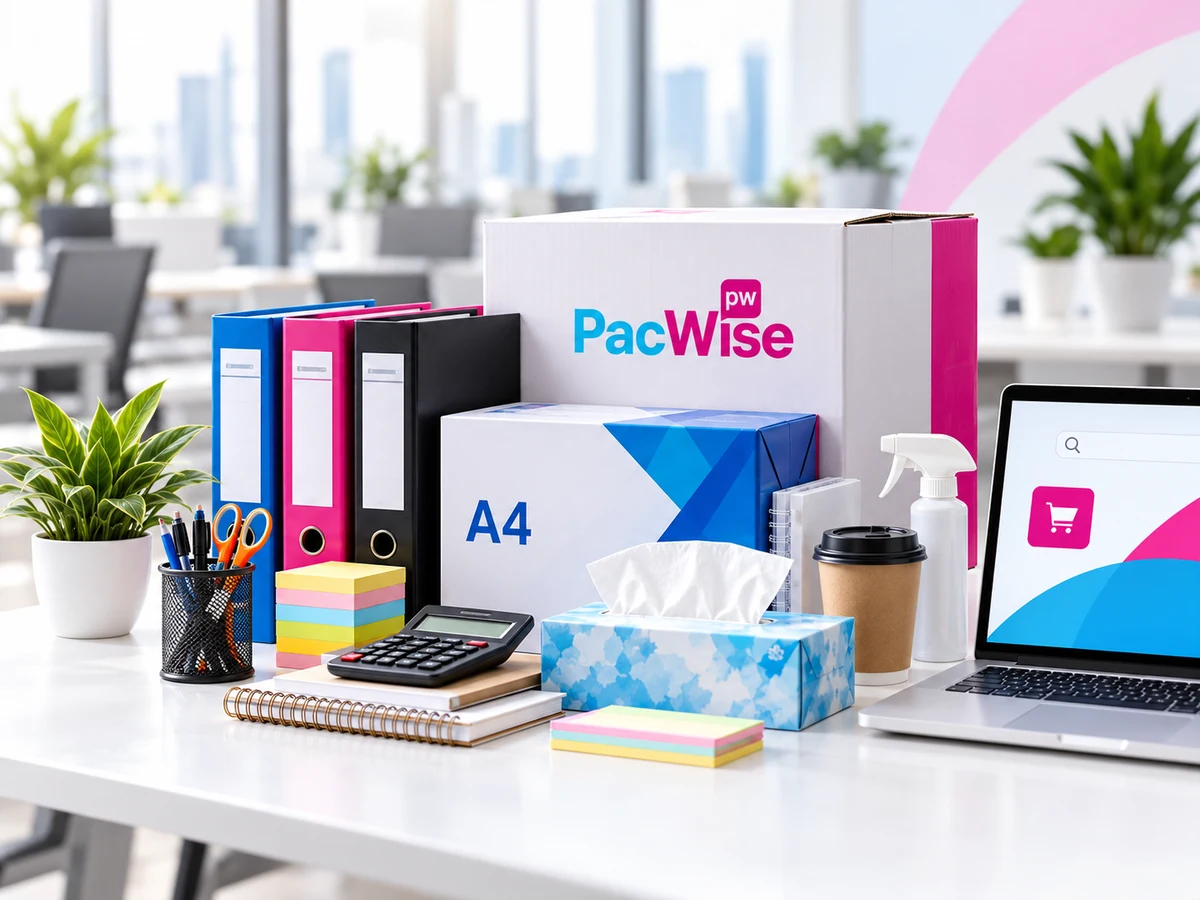 Illustration of office paper, lever arch files, stationery, tissue, cleaning and pantry essentials with PacWise packaging